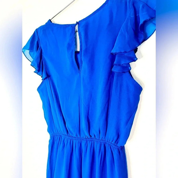 Timing Blue Sheer Ruffle Sleeve Dress Flowy Pleated Front - Picture 8 of 8